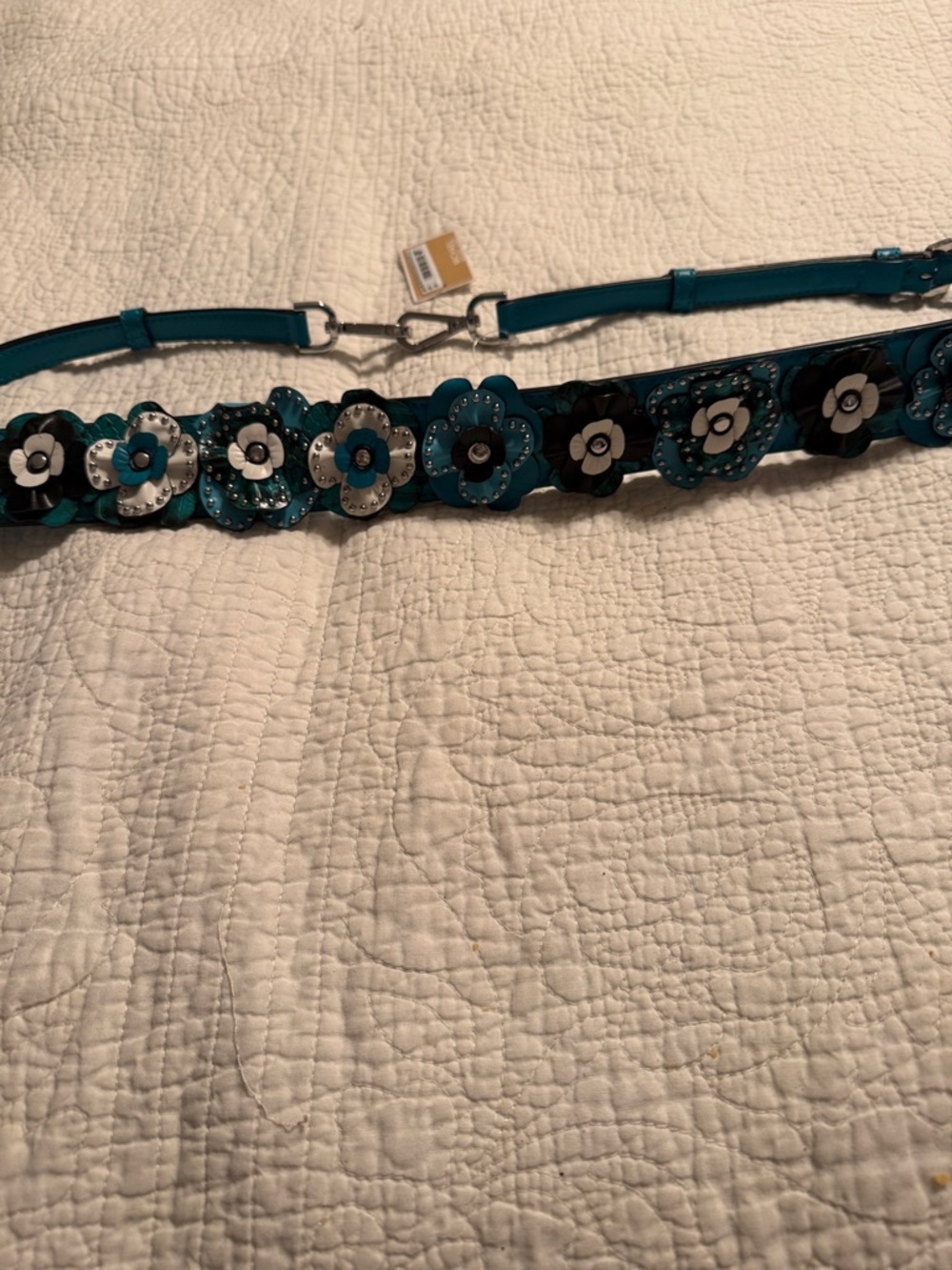 MICHAEL Michael Kors Teal Floral Appliqué Guitar Strap W/ Black & White Accents